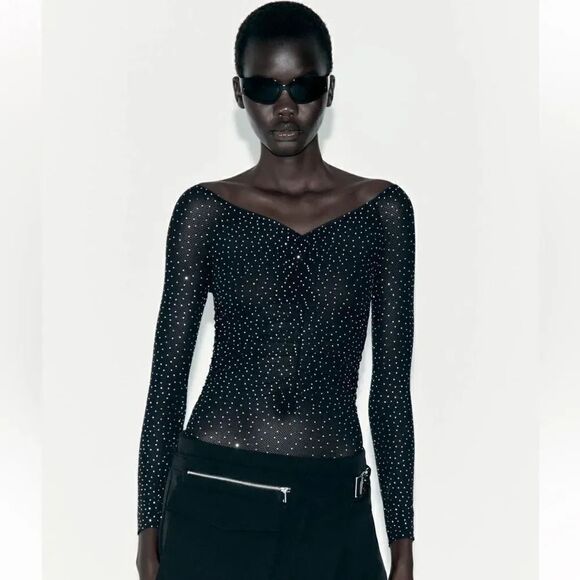 ZARA BLACK MESH SEAMLESS BODYSUIT WITH RHINESTONES - Picture 5 of 9